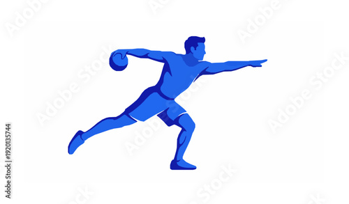Stylized blue male athlete throwing ball vector illustration isolated on white background