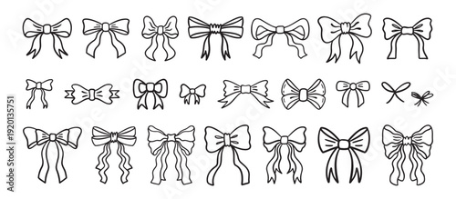 Various doodle bows Set. Bow knots, tie ups, gift ribbons, . Hand Bow Gift bows, doodle style. Festive decoration, invitation elements, packaging, wedding design