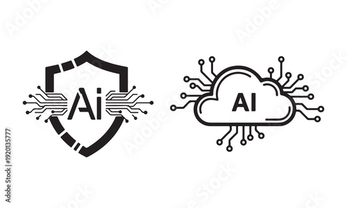 Artificial Intelligence Icons Set – AI Technology, Machine Learning, and Cybersecurity Line Art Collection