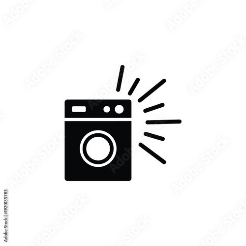 Simple black icon depicting a washing machine with radiating lines