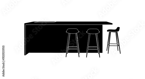 Simple black and white line drawing of a kitchen island with three bar stools high quality