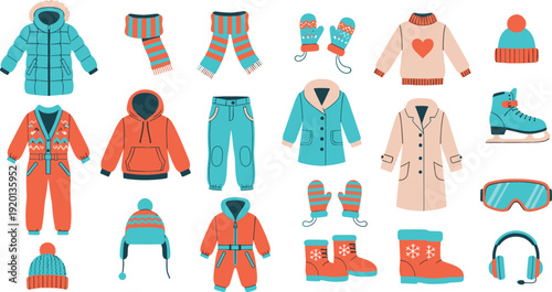 Winter Clothing and Ski Outfit Vector Set with Jacket, Coat, Boots, Gloves, Hat, Snowboard Gear, and Cold Weather Accessories Collection