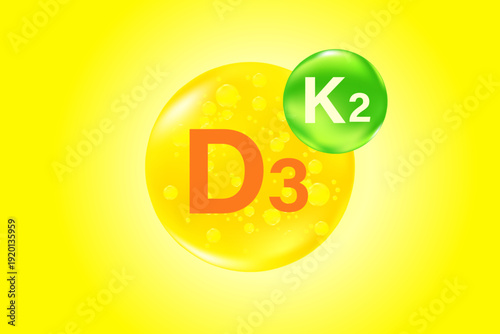 Vitamin D3 with K2 complex, glowing 3D molecule element or bubble, health nutrition background, fluid orange, yellow color flowing bubbles, supplement banner, presentation, infographic design
