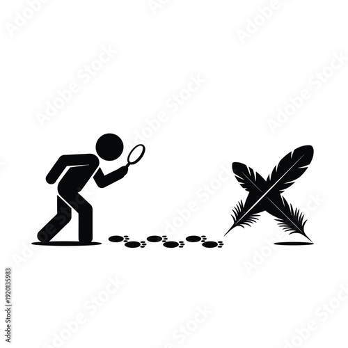 A stick figure examines a feather and scattered quill pieces with a magnifying glass