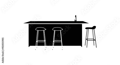 Simple black and white illustration of a kitchen island with bar stools and a sink