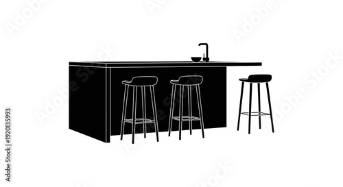 Minimalist black and white illustration of a kitchen island with bar stools and a faucet