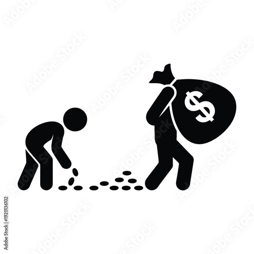 A thief runs away with a bag of money dropping coins behind