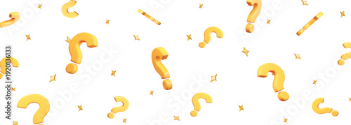3d flying yellow question mark with golden stars. Faq problem solution symbol. Vector illustration on isolated background.