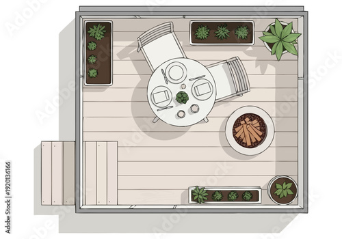 Modern Balcony Outdoor Living Space With Seating Dining Area Fire Pit And Planters Top View Blueprint Style Residential Design Concept icons interior