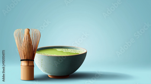 Traditional Japanese Matcha Tea Bowl with Bamboo Whisk Illustration