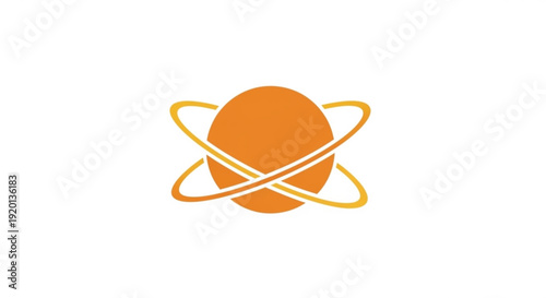 Modern orange planet icon with orbiting rings