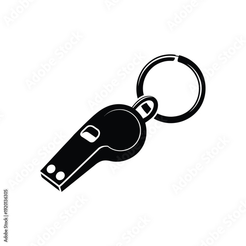 Black and white illustration of a sports whistle with a keyring