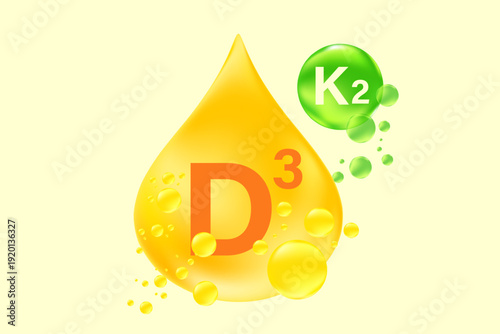 Vitamin D3 with K2 complex, glowing 3D molecule element or bubble, health nutrition background, fluid orange, yellow color flowing bubbles, supplement banner, presentation, infographic design