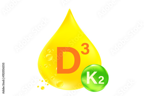 Vitamin D3 with K2 complex, glowing 3D molecule element or bubble isolated, transparent background, fluid orange, yellow color flowing bubbles, supplement banner, presentation, infographic design