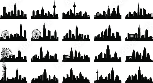 City Skyline Silhouette Vector Set with Urban Skyscrapers, Landmark Buildings, and Panorama Cityscape Horizons for Travel and Architecture Design