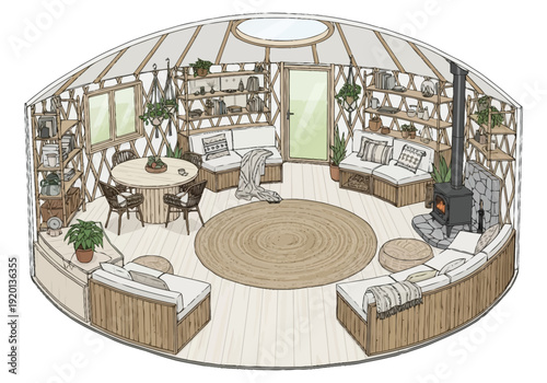 Cozy Glamping Retreat Interior View Render Showing Circular Living Space With Fireplace Dining Area and Seating Arrangement For Relaxing Getaway