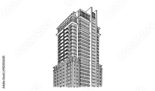 Hand drawn high rise building line art architectural sketch
