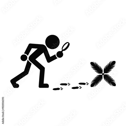 Stick figure examining footprints with a magnifying glass
