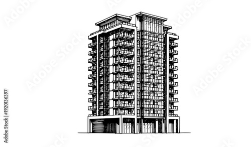 Detailed high rise building architectural line art sketch