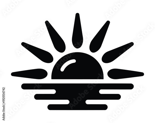 Black vector of a sun rising over a calm ocean horizon