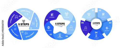 Vector circle chart 5 step option infographic diagram set, for business communication template presentation. Vector illustration eps