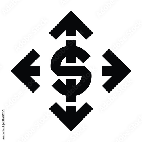 Vector black dollar sign surrounded by directional arrows pointing outward
