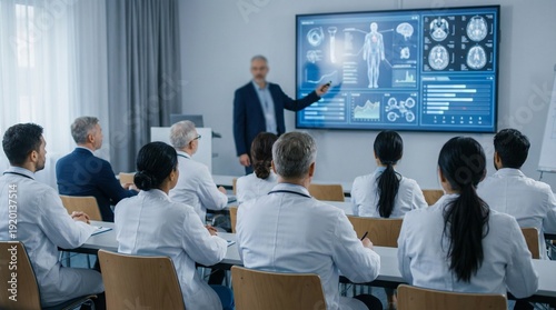 Medical professionals attending training session, seated in classroom watching clinical data presentation on large digital screen