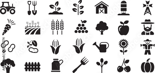 agriculture icons cultivation harvest plants farmer vector set