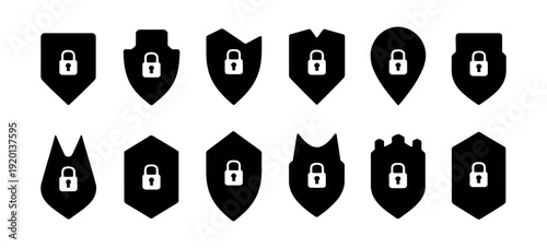 Premium Cyber Security Shield and Padlock Icon Set featuring a collection of high-contrast black and white vector silhouettes that combine defensive shield shapes with secure lock elements for data pr