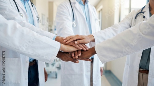 Medical team stacking hands together in unity circle, diverse healthcare professionals in white lab coats showing solidarity