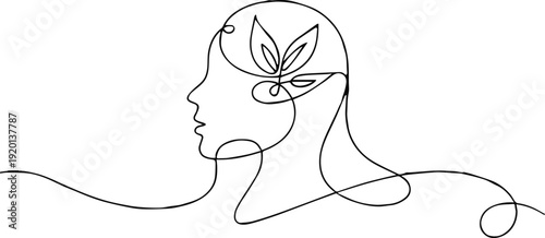 mind continuous single line head with leaf symbol