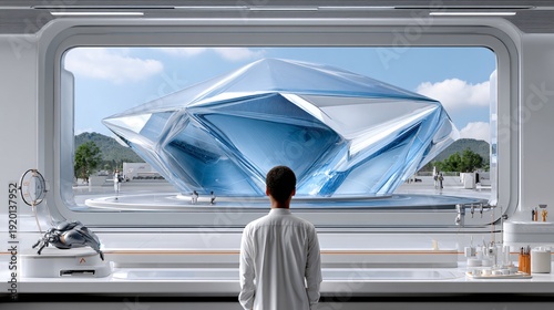 A futuristic architect studio where a hologram of a building is being adjusted by both a human and an AI drone