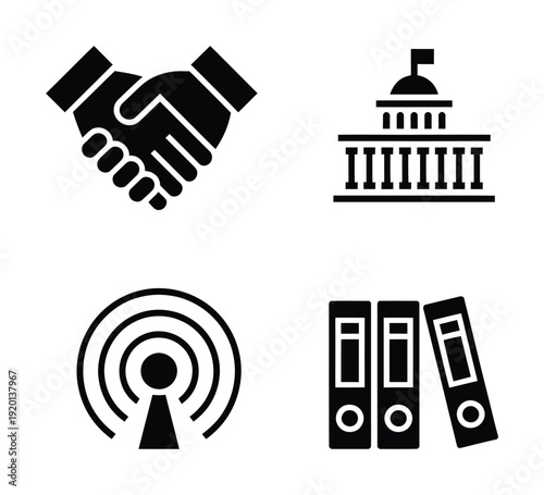 Vector of handshake, government building, wifi signal, and binders