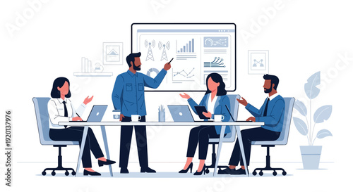 Business meeting with diverse team presenting data on screen.