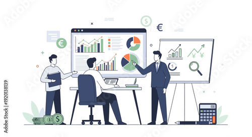 Business meeting with financial charts and data analysis.