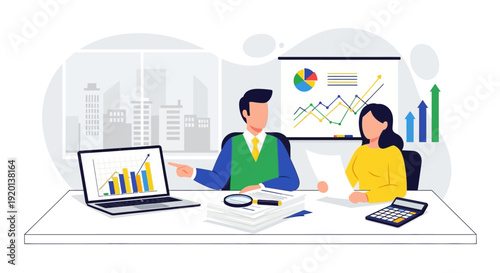 Business meeting with financial charts and laptop.