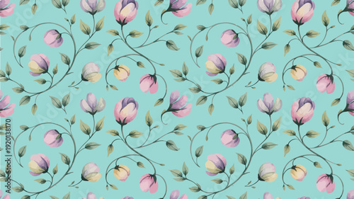 Delicate floral pattern with blooming tulips and whimsical vines on a soft aqua background, perfect for spring greetings and decorative designs