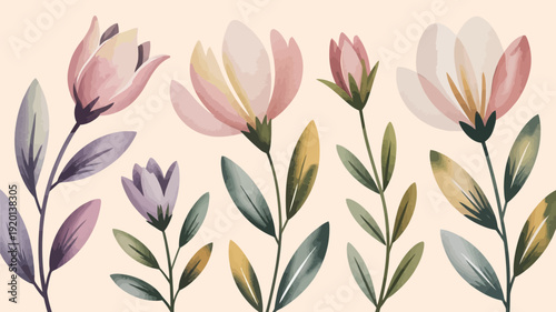 Soft Pastel Spring Flowers with Gentle Petals and Green Stems, an Artistic Background for Greetings and Celebrations