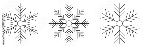 Simple line art snowflake icons. Set of cute snowflake icons. Various simple snow flakes winter holidays decoration.