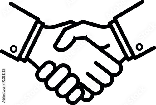 A simple line drawing of two people shaking hands, symbolizing agreement or partnership.