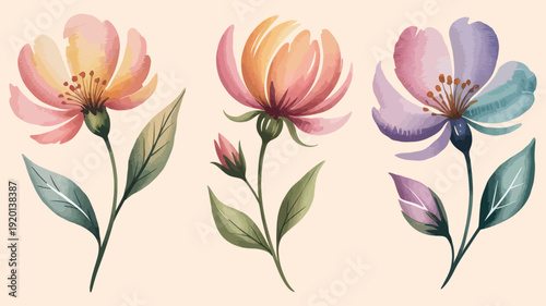 Soft watercolor spring flowers in pastel shades, perfect for cards and backgrounds