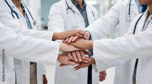 Medical team stacking hands together in unity circle, diverse healthcare professionals in white lab coats showing solidarity