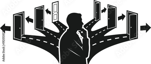 Cartoon vector illustration of a business man and woman sitting at a desk with a laptop working in an office with a black hand icon silhouette