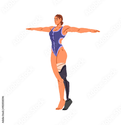 Athlete with disability is preparing for jumping into water. Diver with prosthesis is diving into swimming pool with acrobatics. Girl in swimsuit does sport. Flat isolated vector illustration on white