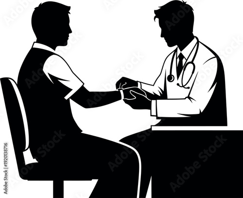 A doctor is taking the pulse of a seated patient during a medical examination.