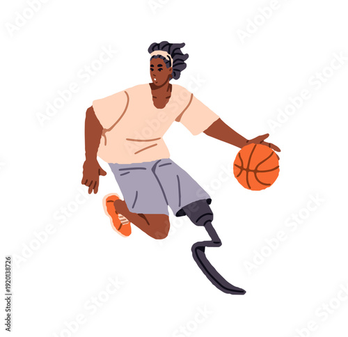 Black athlete with disability plays basketball. Sports player with prosthesis hits with hand, dribbles ball to the basket. Sportsman with amputated leg. Flat isolated vector illustration on white