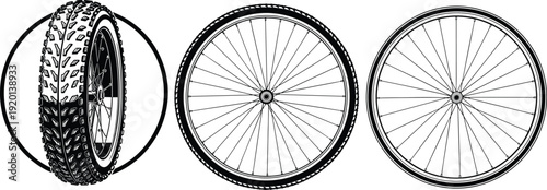Professional Mountain Bike Wheel and Tire Icon Set Featuring High Performance Tread Patterns Detailed Spokes and Rubber Texture for Cycling Design