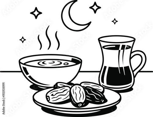 Delicious iftar meal with dates, coffee, and juice at night