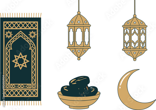 Ramadan Kareem celebration elements with mosque, lanterns, dates, and prayer mat