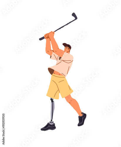 Sports player with disability plays golf. Happy athlete with prosthesis hits ball with club. Young man with amputee leg swings with putter. Flat isolated vector illustration on white background